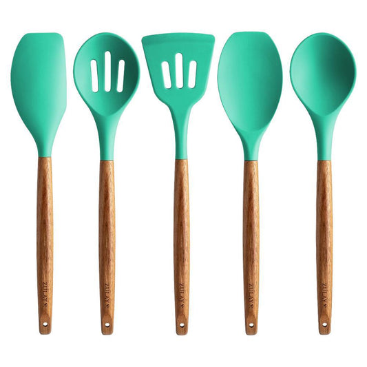 Zulay Kitchen - 'Aqua' Silicone Utensils Set w/ Wooden Handles (5CT)